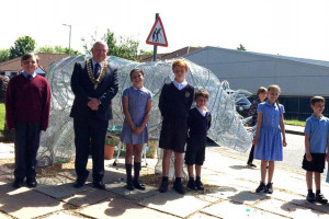 2-rhino-with-mayor-of-maghull-st-andrews-and-lydiate-primary-school-children.jpg - Stafford Moreton Way Wildflower Meadow
